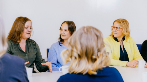 Language experts sit around a conference room table and listen to Janica Asplund, who is telling them how Lingsoft's speech recognition solution can help save time in healthcare patient documentation.